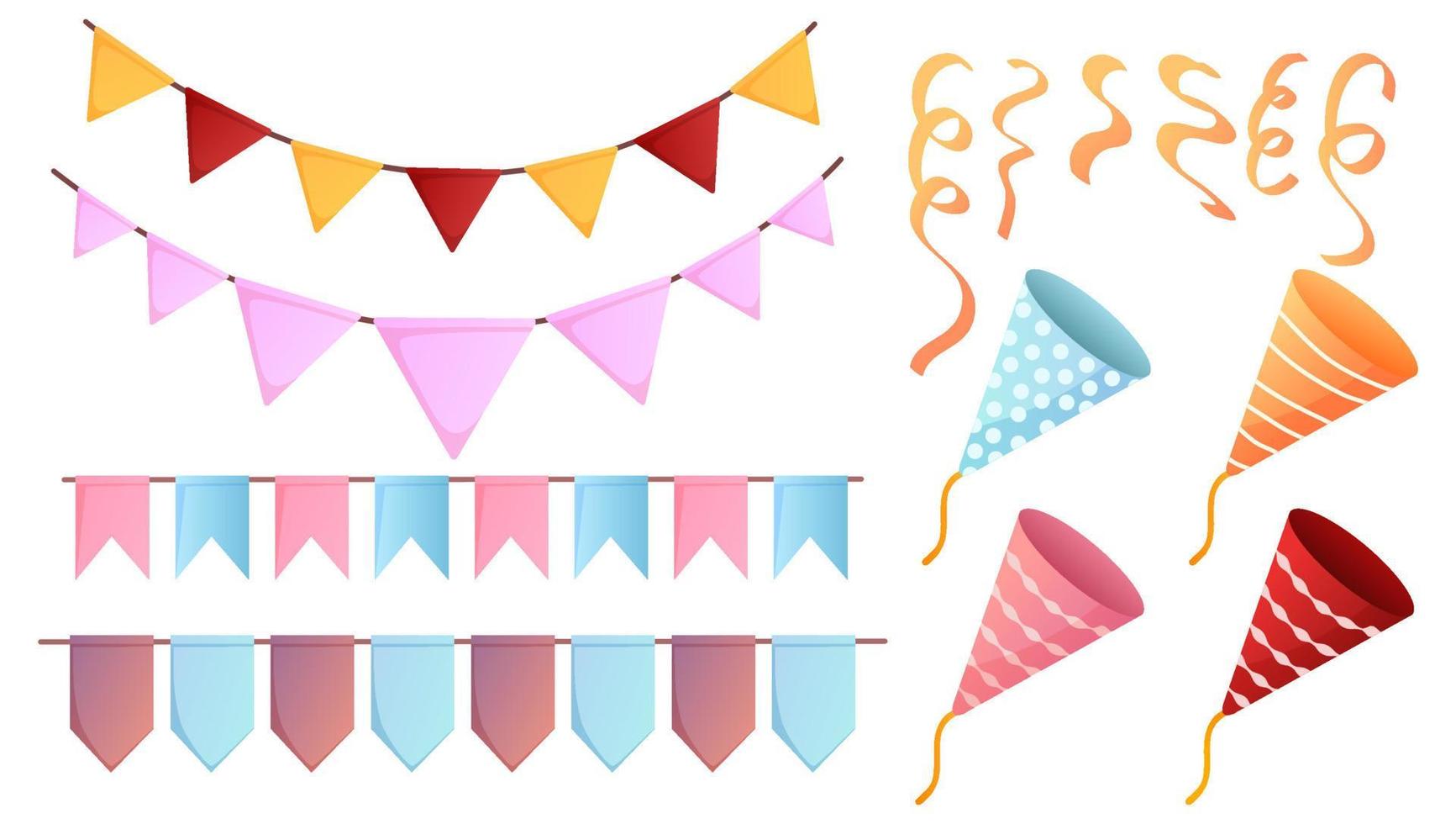 Set of birthday party design elements. Colorful flags, confetti, firecracker, and decorative ribbons. Vector illustration.