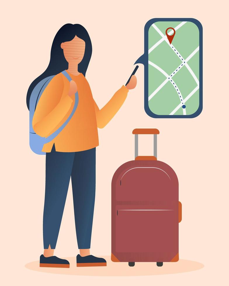 chica turista con teléfono. aplicación de mapa mujer con mochila. maleta grande ilustración vectorial vector