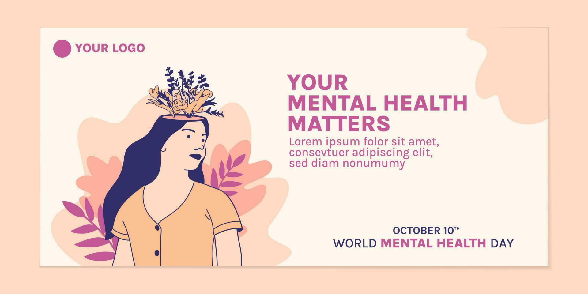 ilustraciones hermosa flor dentro de la cabeza femenina para la plantilla de banner del día mundial de la salud mental vector