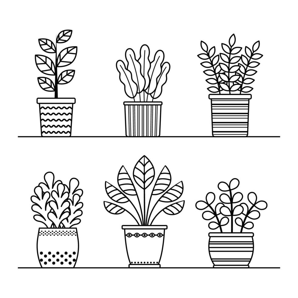 plantas de contorno vectorial en la colección de macetas. flores caseras en macetas lineales aisladas para colorear vector