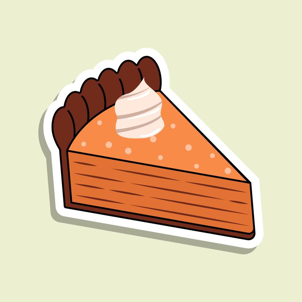 pedazo de pastel vectorial aislado en el fondo verde claro. pegatina de pastel de calabaza en estilo de dibujos animados. panadería naranja con decoración cremosa vector