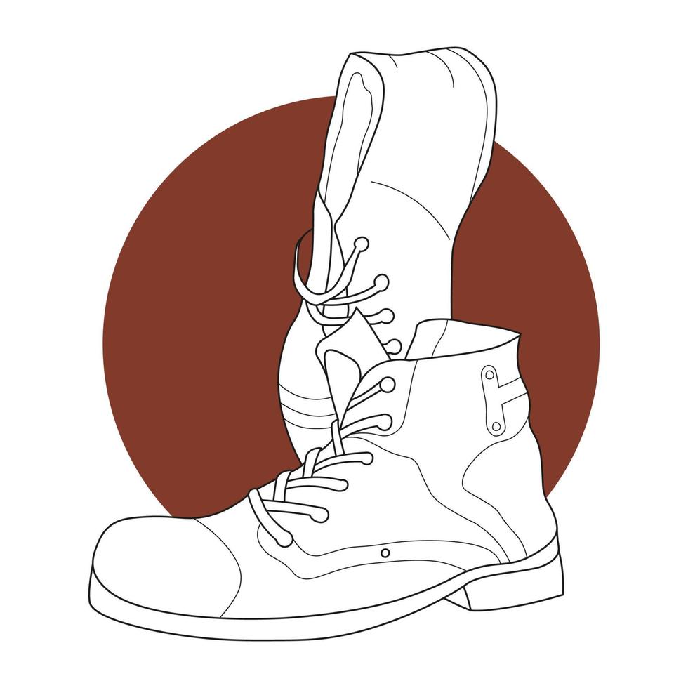 Pair Of Boots For Travel Or Army. Outline Hand Drawn Vector Illustration Of Shoes