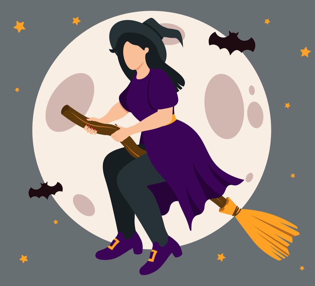 Witch On The Broomstick At The Night Halloween Vector Illustration In Flat Style
