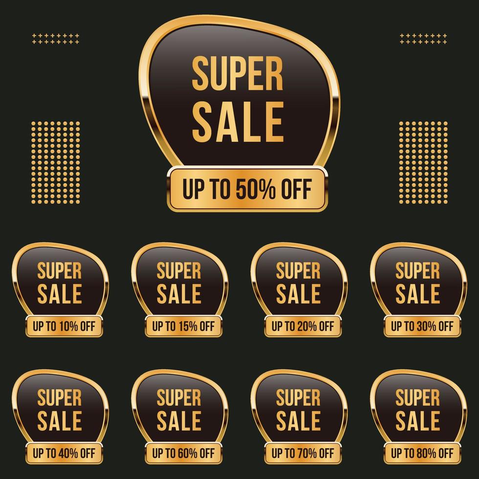 banner de oferta de descuento de porcentaje diferente dorado y juego de etiquetas de precio, hasta 10,15,20,40,50,60,70,80 por ciento de descuento en la etiqueta vector