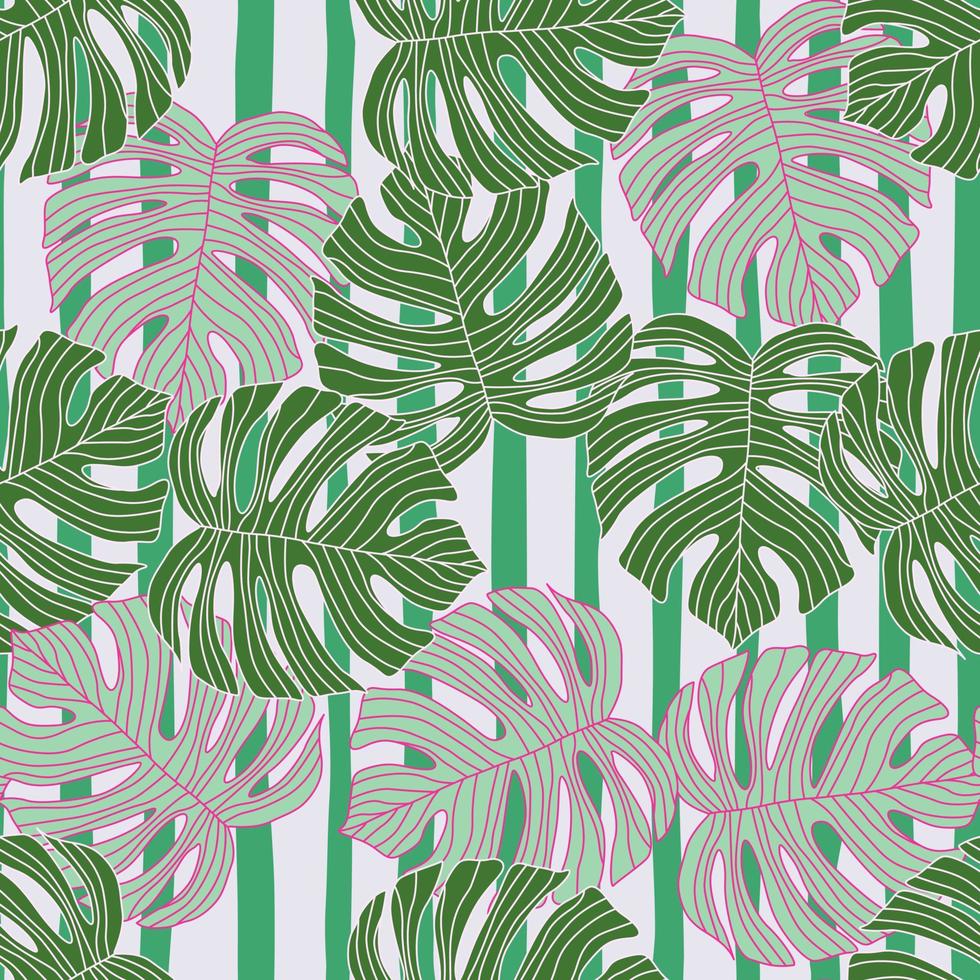 Contoured outline monstera silhouettes seamless pattern. Palm leaves endless background. Botanical wallpaper. vector