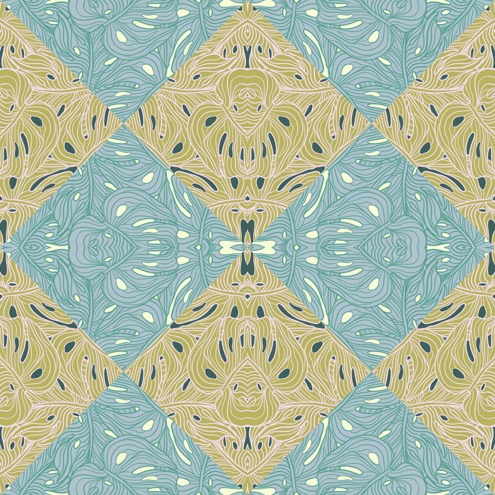Contoured outline monstera mosaic seamless pattern. Palm leaves tile. vector