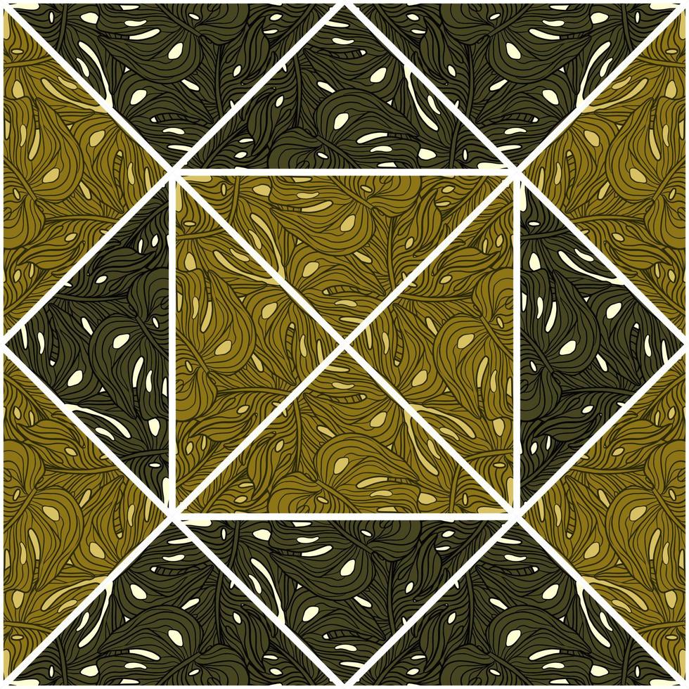 Vintage monstera mosaic seamless pattern. Contoured outline palm leaves tile. Botanical endless wallpaper vector