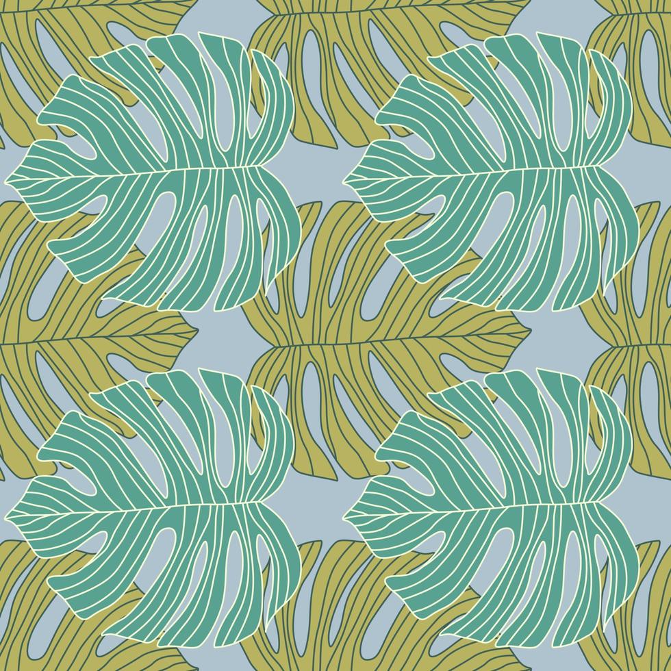 Contoured outline monstera silhouettes seamless pattern. Palm leaves endless background. Botanical wallpaper. vector