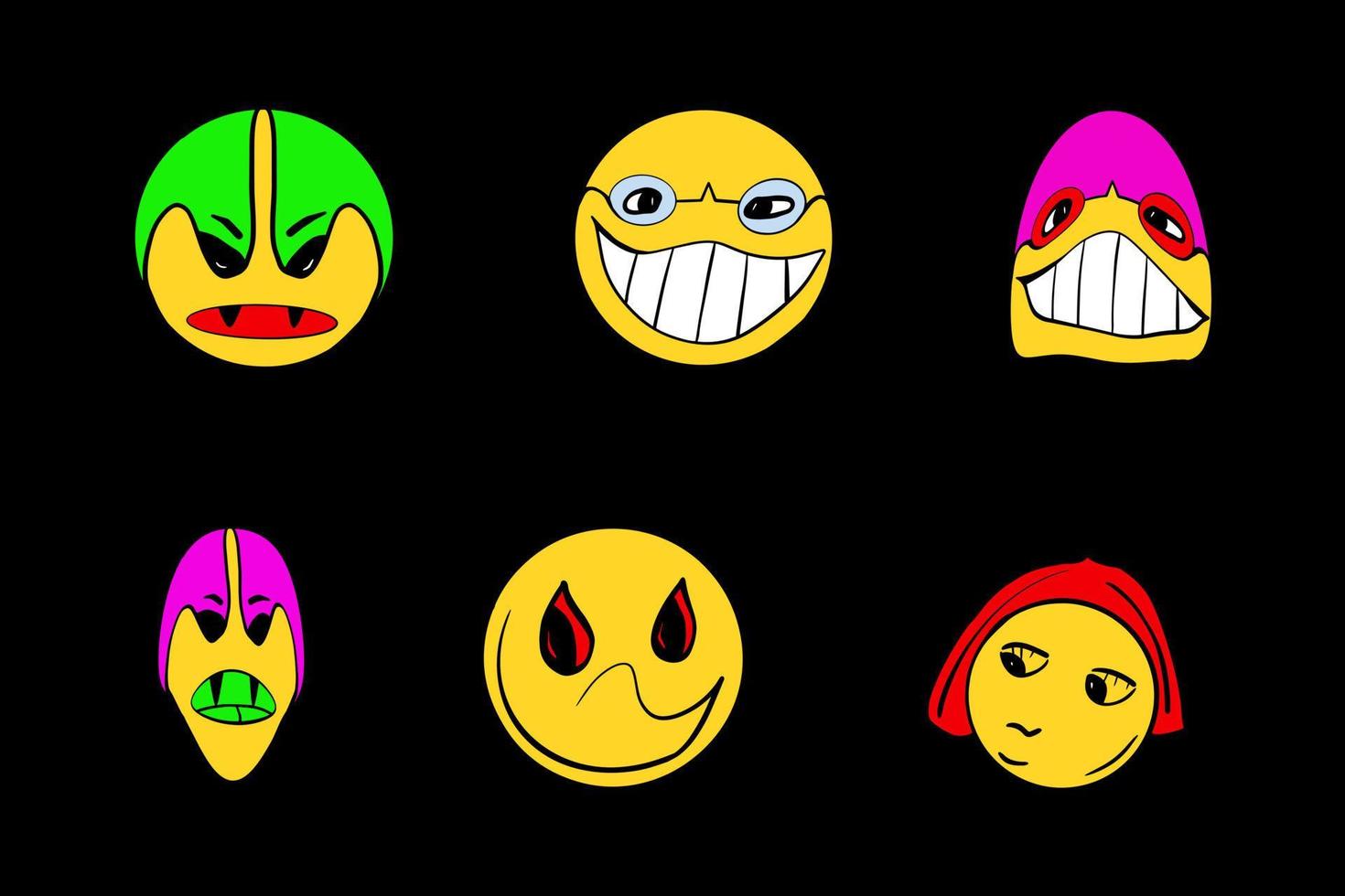 cara de dibujos animados psicodélicos. emoji de sonrisa de graffiti loco, conjunto de ilustraciones vectoriales de expresiones faciales. divertidas caras de sonrisas locas. vector