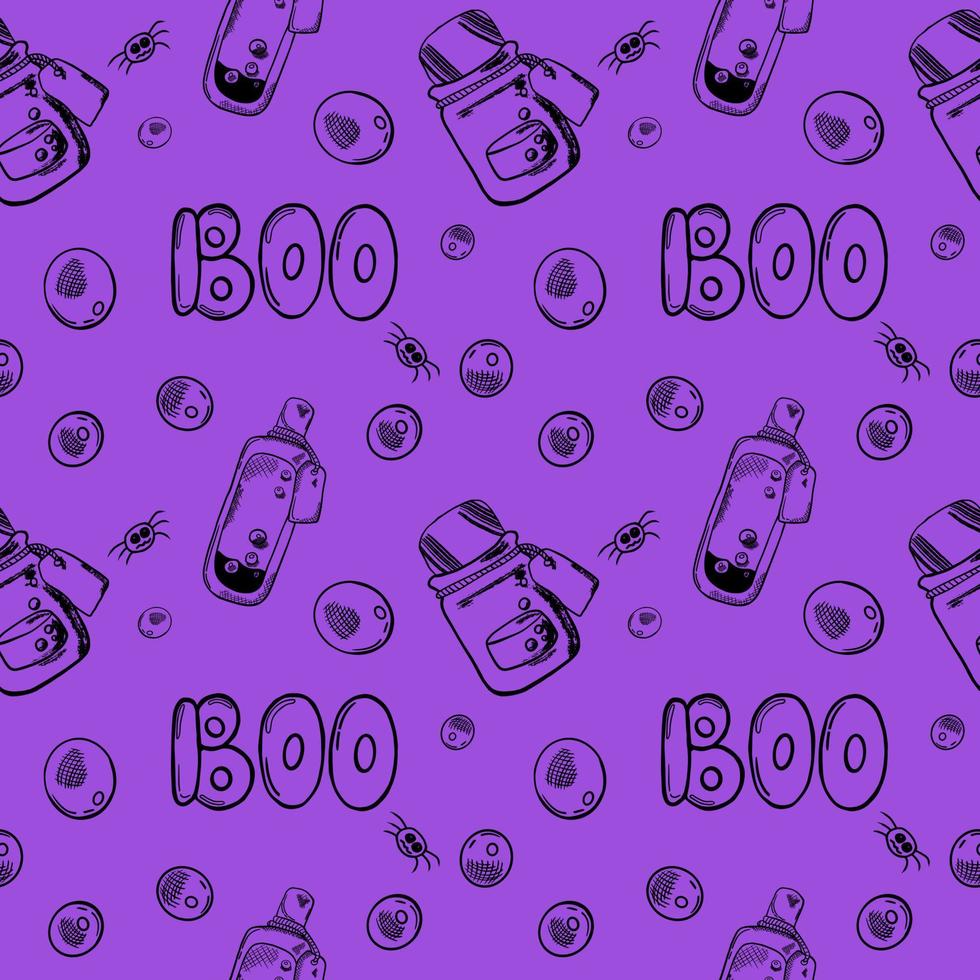 The inscription Boo for Halloween cards. Vector Illustration for Halloween. potion in a bottle. seamless pattern