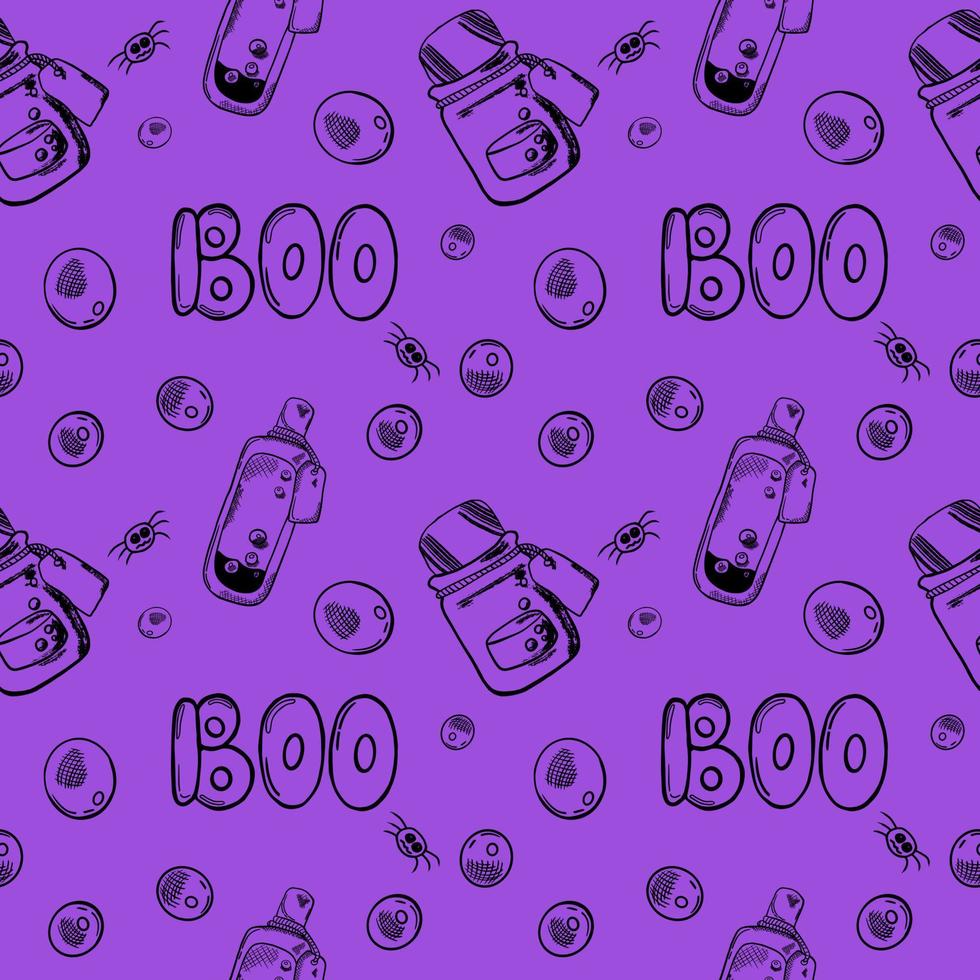 The inscription Boo for Halloween cards. Vector Illustration for Halloween. potion in a bottle. seamless pattern