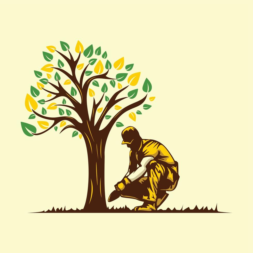 ilustración vectorial de un jardinero que tiende a un árbol vector