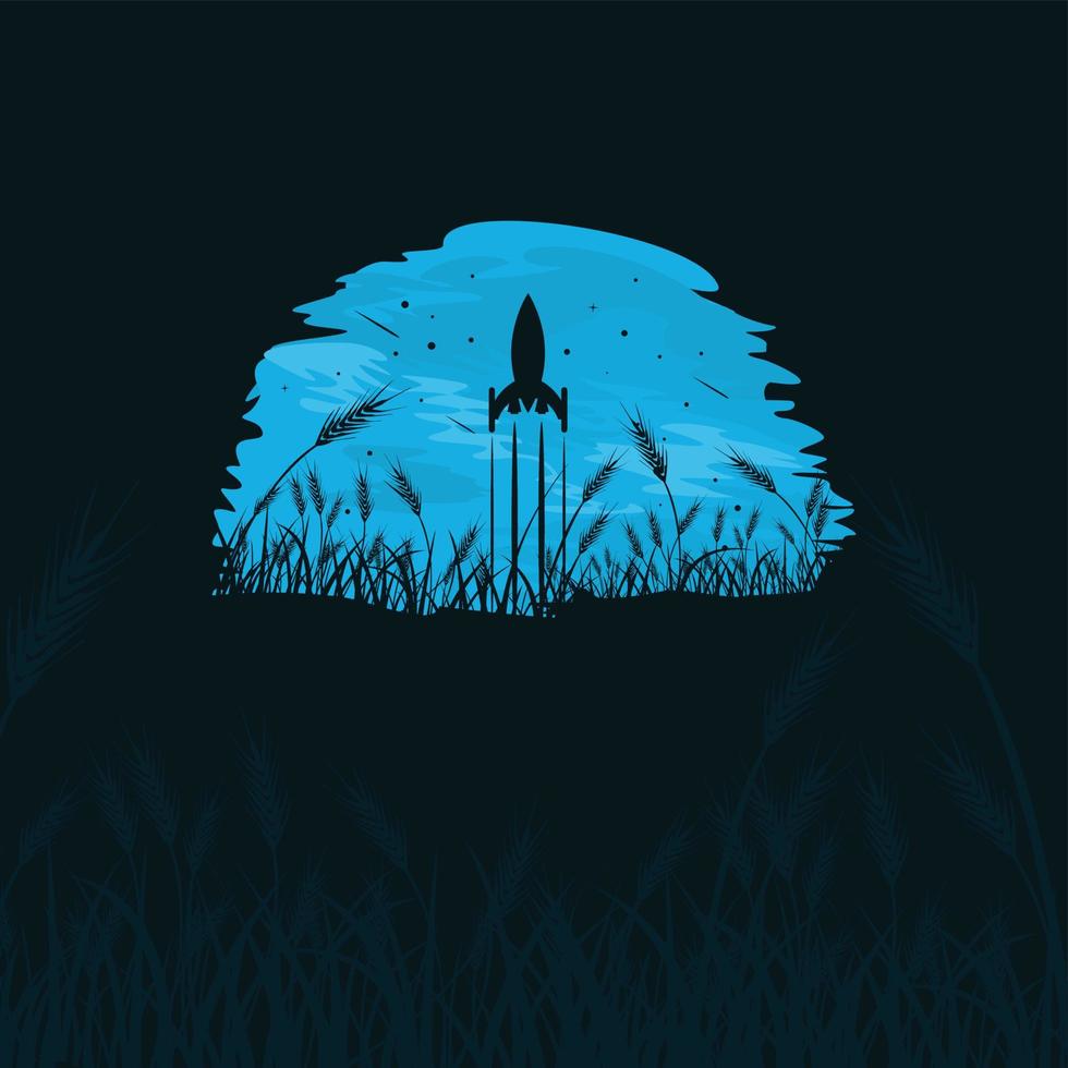 Vector illustration of a rocket flying into space from a wheat field