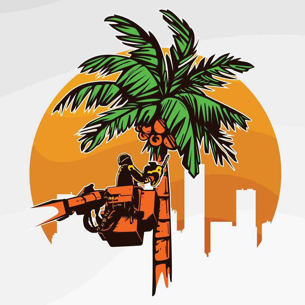 Vector logo illustration of a worker cutting a palm