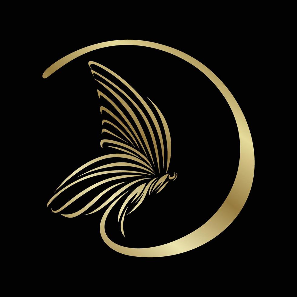 Ilustración de icono de vector de letra d en forma de mariposa dorada