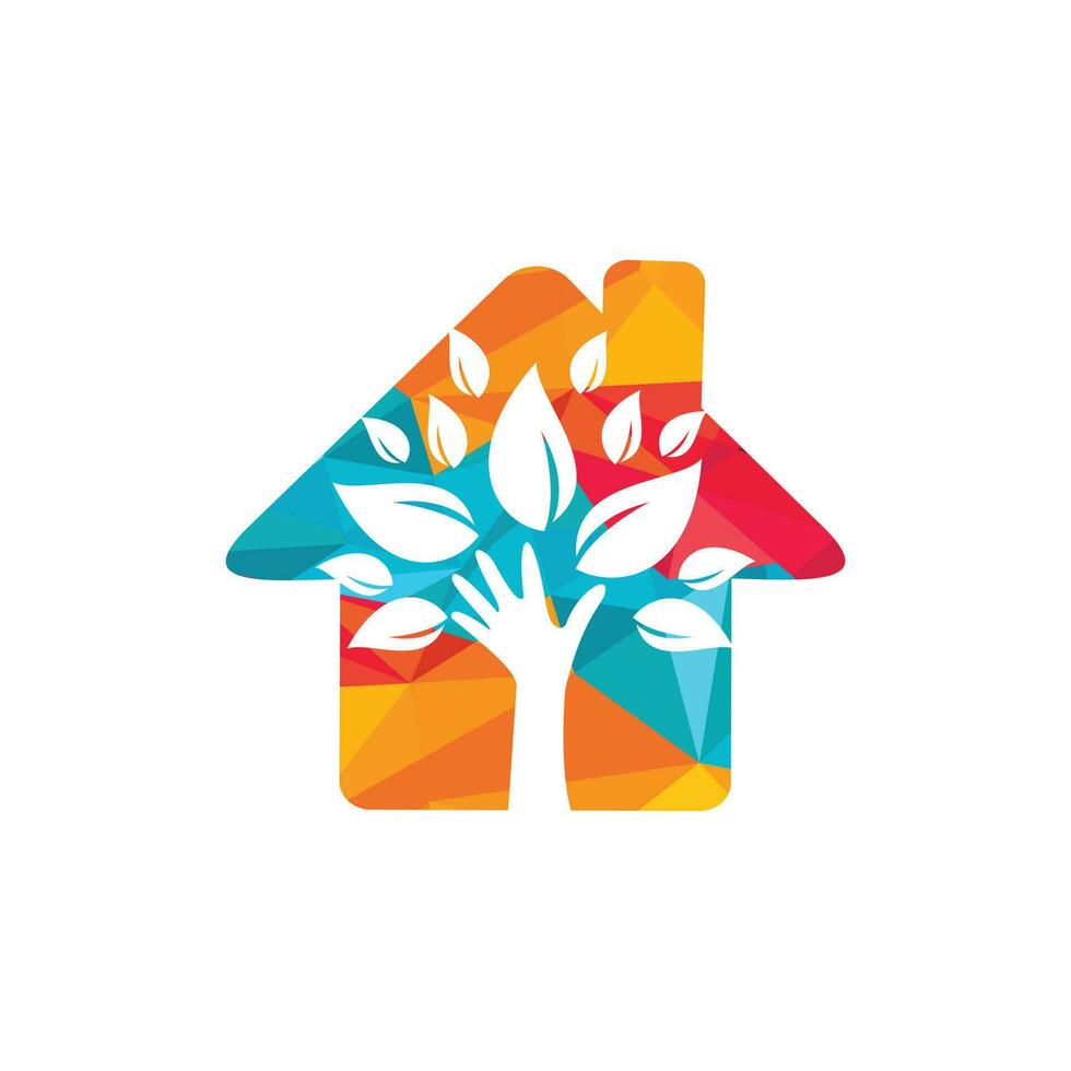 Creative green hand tree and house logo design. Natural home care logo. Spa logo. Beauty salon or yoga logo. vector