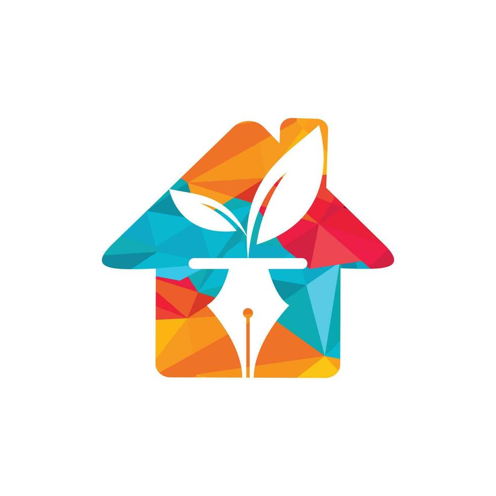 Leaf and pen logo design. Education and writer community Logo. Home with leaf and nab icon design. vector