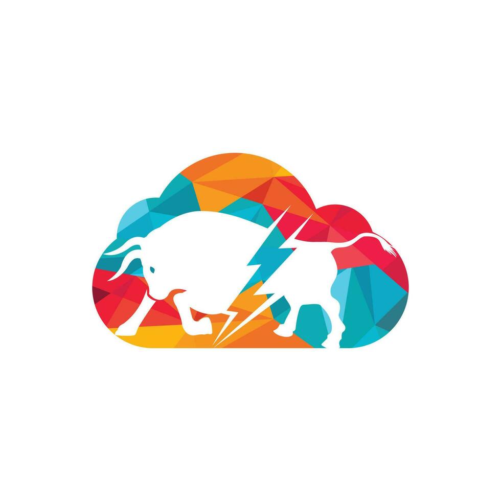 Bull with thunder and cloud logo design. Flash electric energy in bull. vector