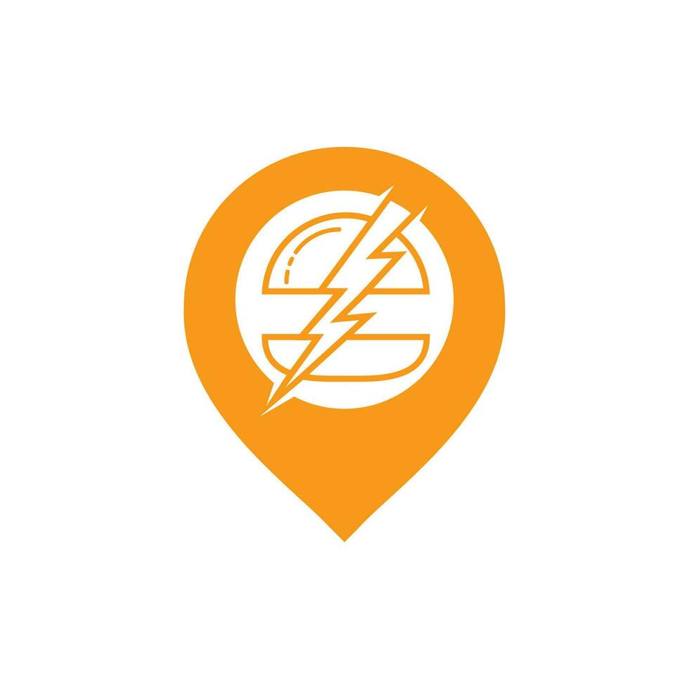 Flash burger vector logo design. Burger with thunderstorm and pin pointer icon logo.