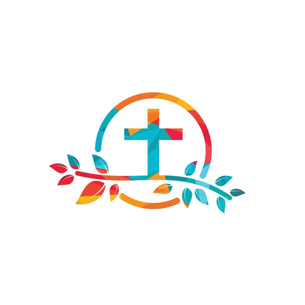 cruz de iglesia cristiana simple con diseño de logotipo vectorial de hojas de árbol. vector