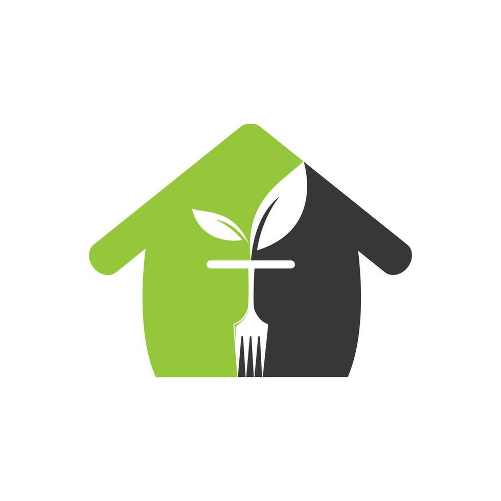 plantilla de logotipo de alimentos saludables. casa con símbolo de tenedor y hoja. vector