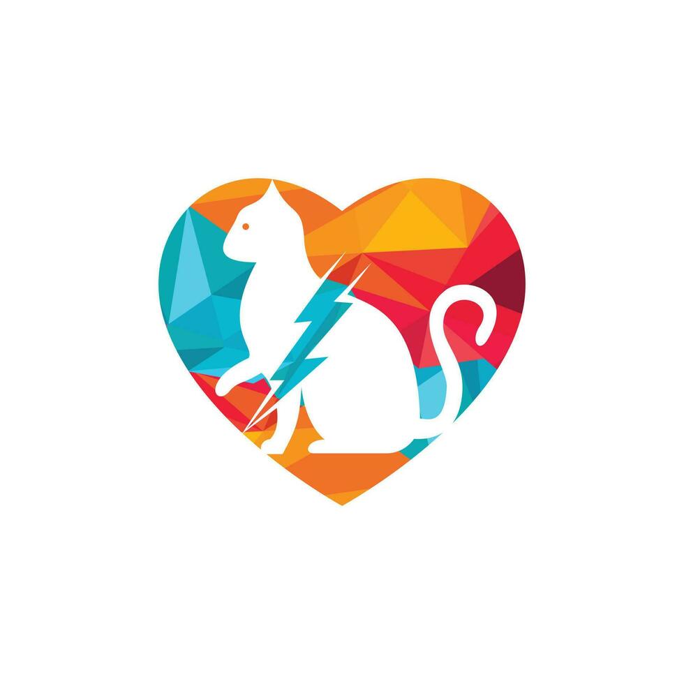 Flash cat vector logo design. Cat and thunderstorm with heart icon logo.