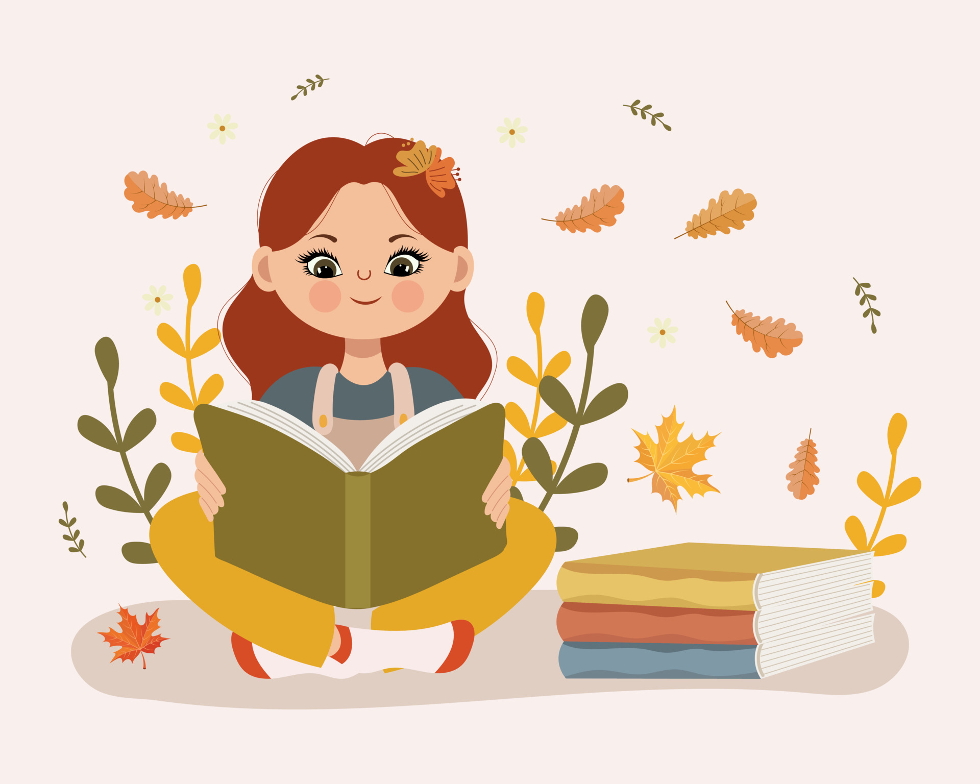 Cute little girl reads a book and books on the background of autumn leaves.  Cartoon style. Autumn school print, vector 11470785 Vector Art at Vecteezy