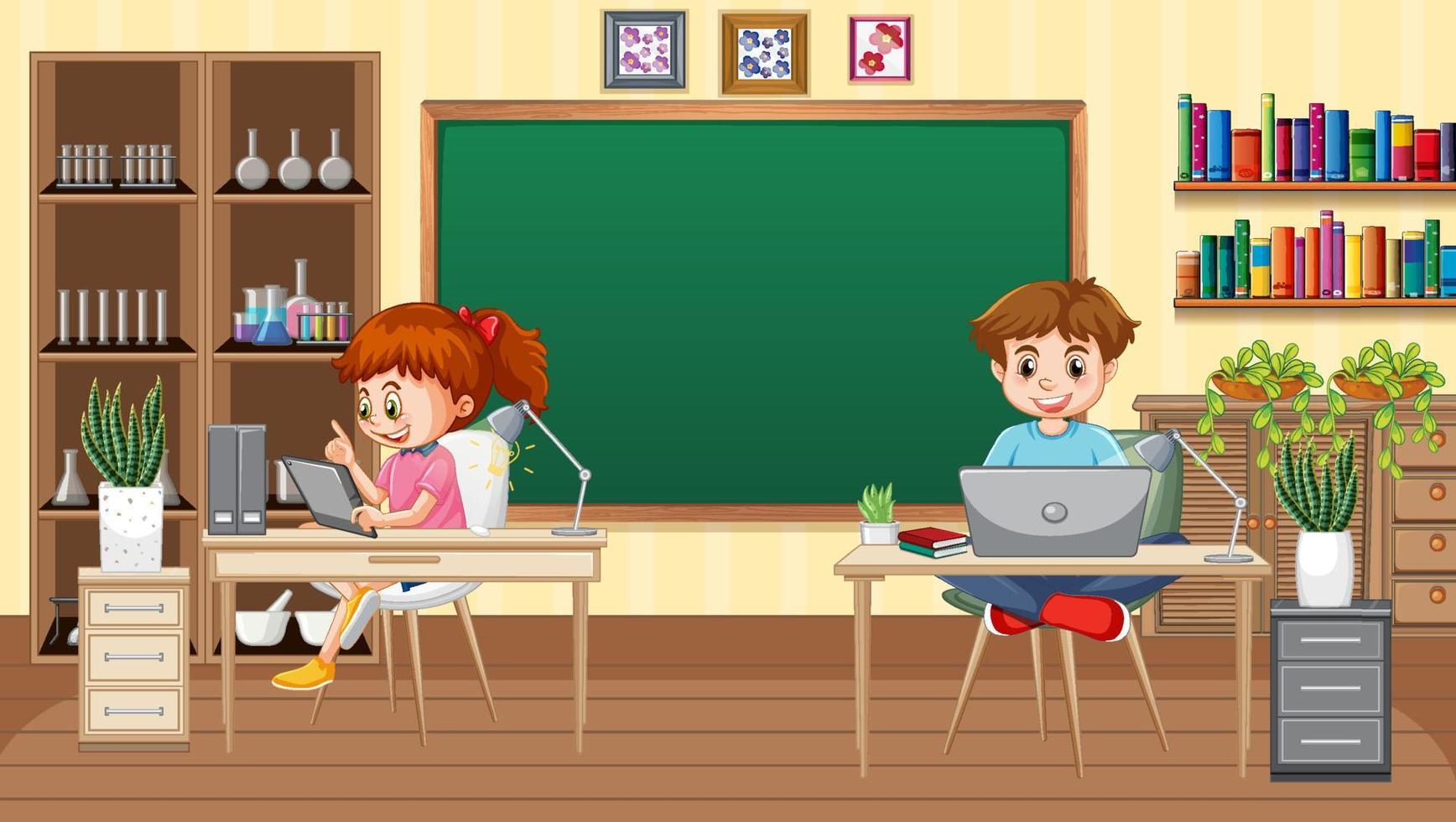 escena en casa con niños usando sus computadoras portátiles vector