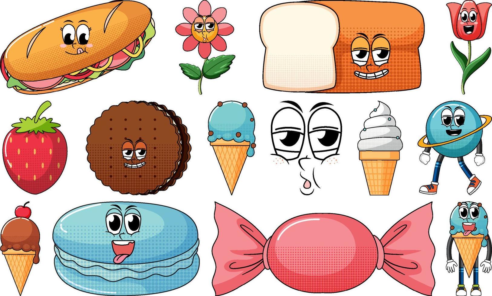 Set of objects and foods cartoon characters vector