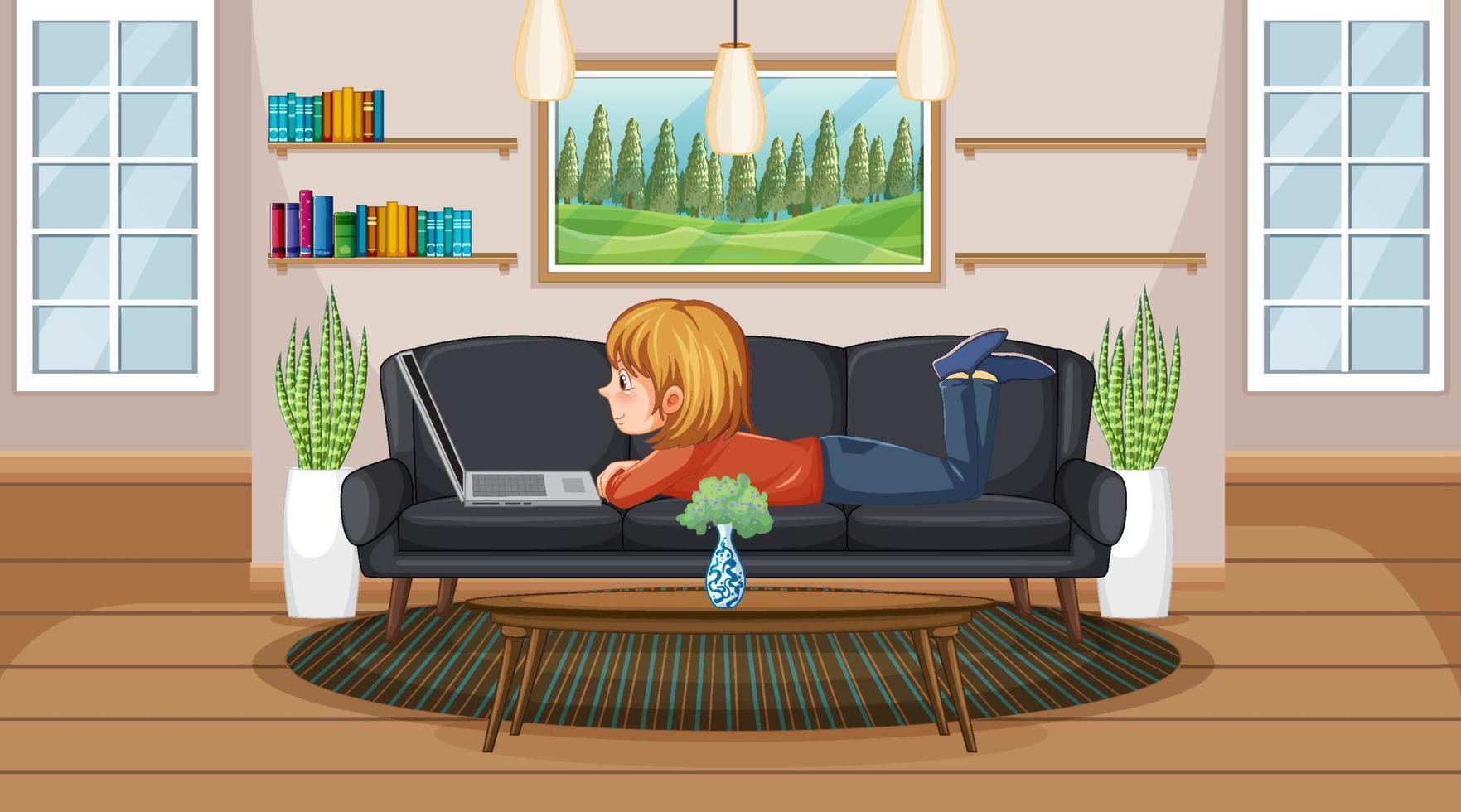 A girl browsing internet on laptop at home vector