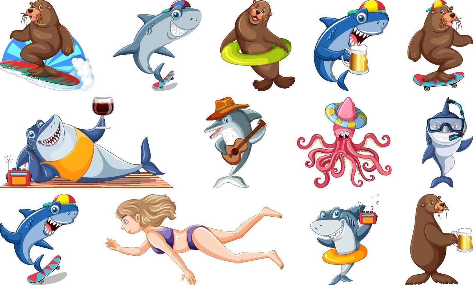 Set of various sea animals cartoon characters vector