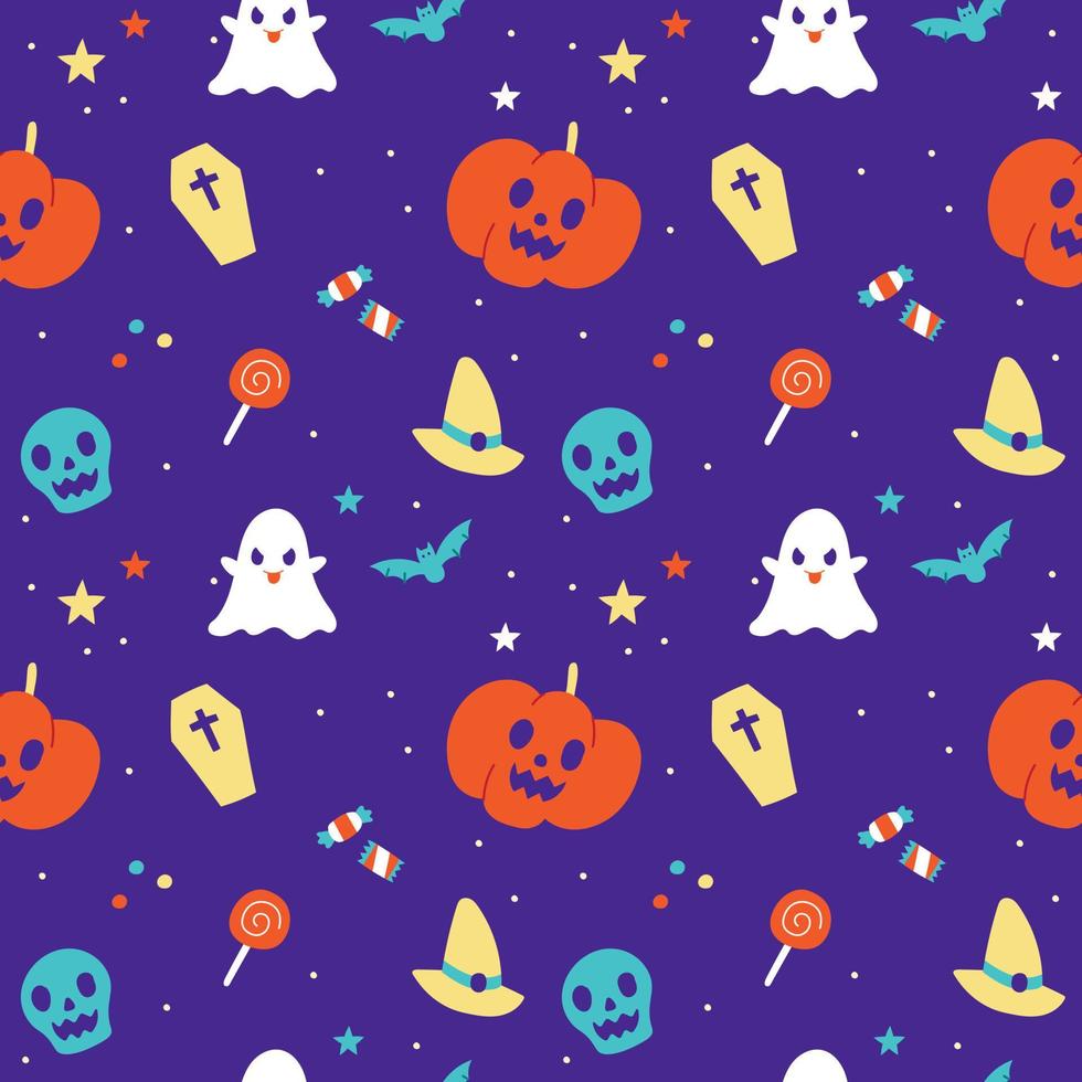 Cute Happy Halloween cartoon seamless pattern vector violet background ghost, skull, pumpkin, jack o lantern, bat, black cat, spider web, candlestick, lollipop candy, coffin, witch hat, boo, moon