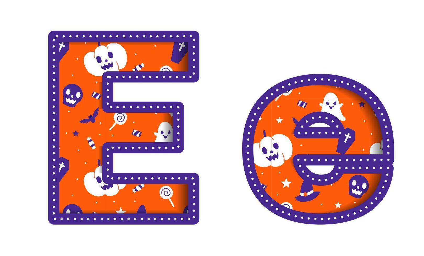 Cute Happy Halloween E Alphabet Capital Small Letter Party Font Typography Character Cartoon Spooky Horror colorful Paper Cutout Type design celebration vector Illustration Skull Pumpkin Bat Witch Hat