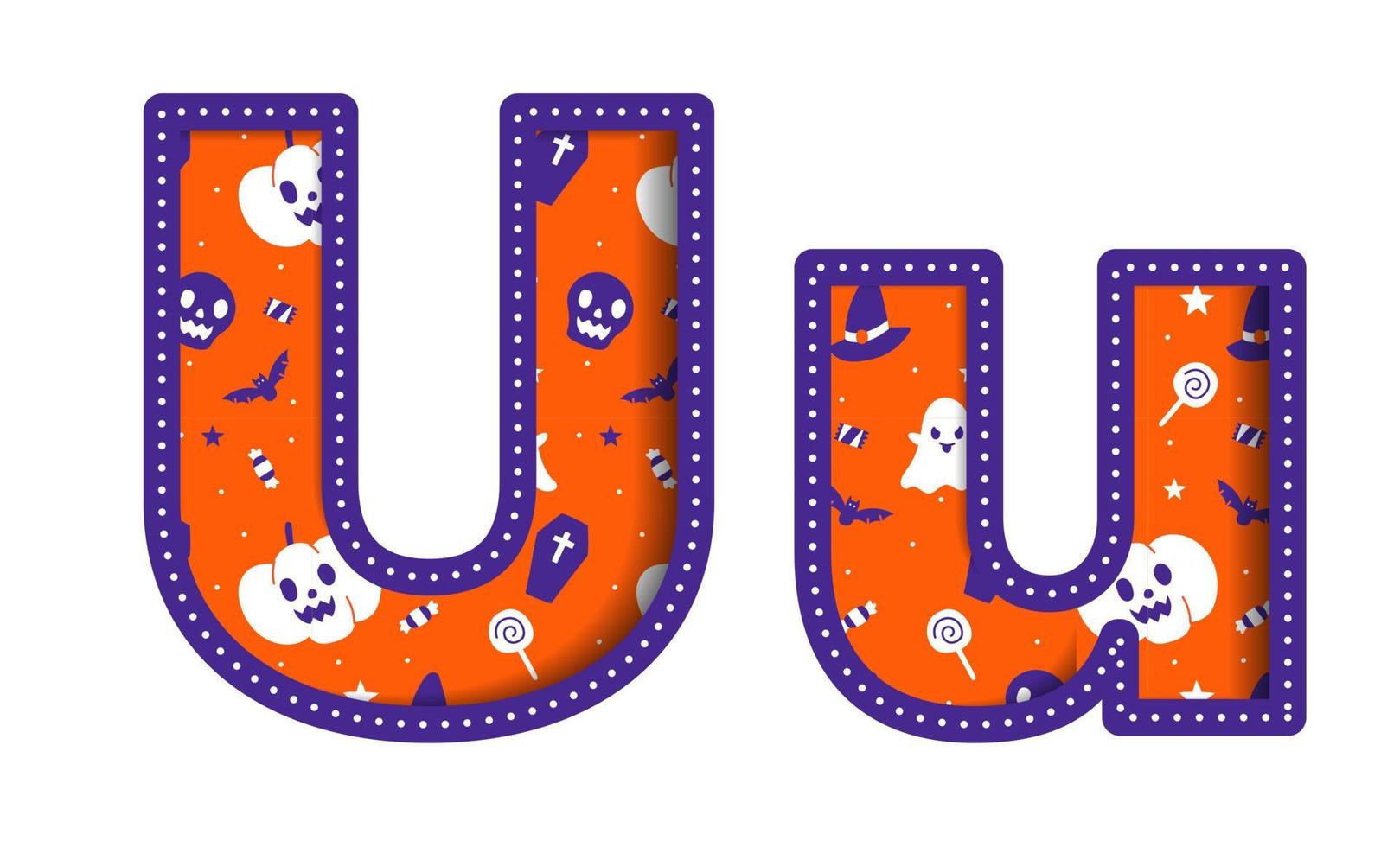 Cute Happy Halloween U Alphabet Capital Small Letter Party Font Typography Character Cartoon Spooky Horror colorful Paper Cutout Type design celebration vector Illustration Skull Pumpkin Bat Witch Hat