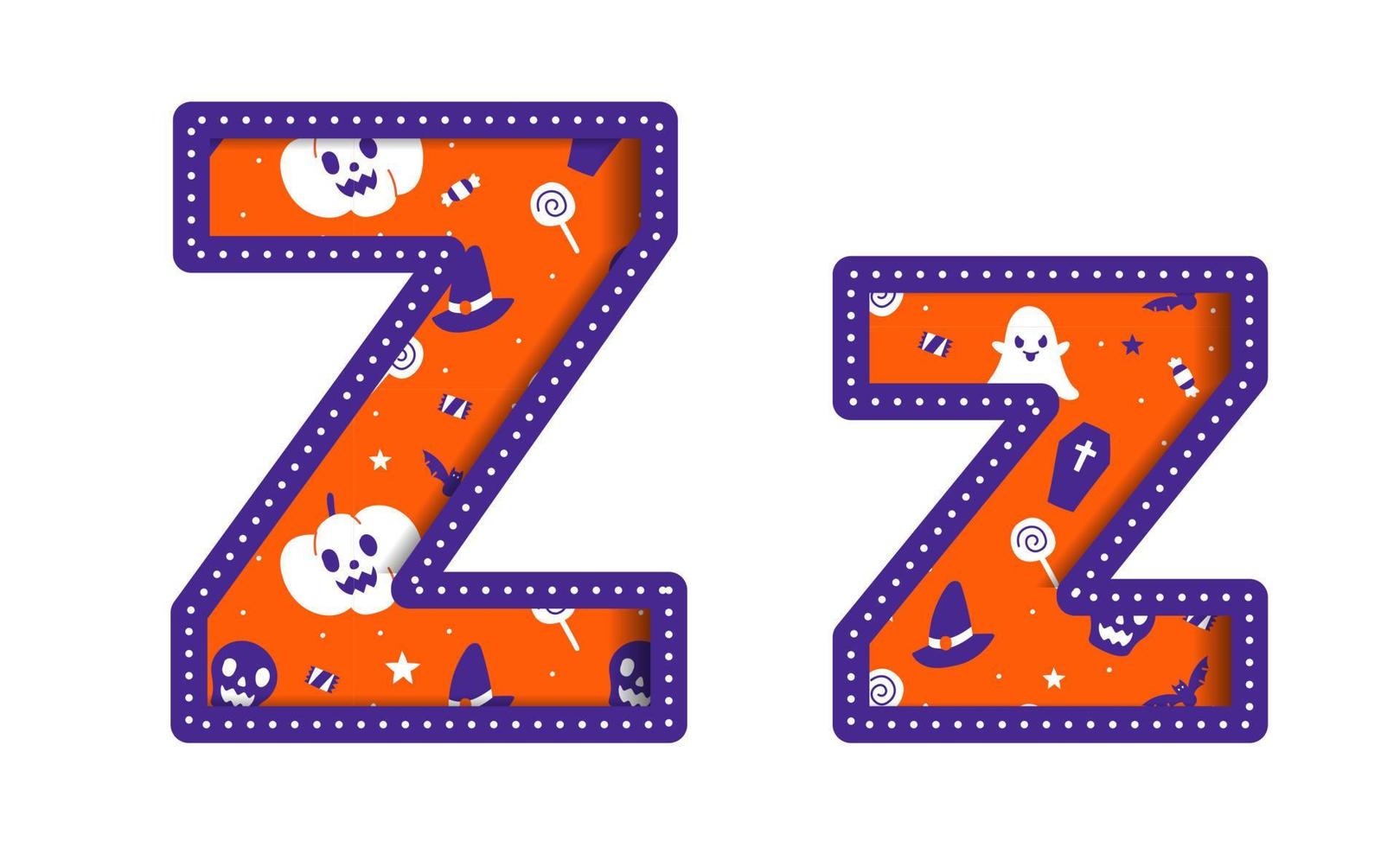 Cute Happy Halloween Z Alphabet Capital Small Letter Party Font Typography Character Cartoon Spooky Horror colorful Paper Cutout Type design celebration vector Illustration Skull Pumpkin Bat Witch Hat