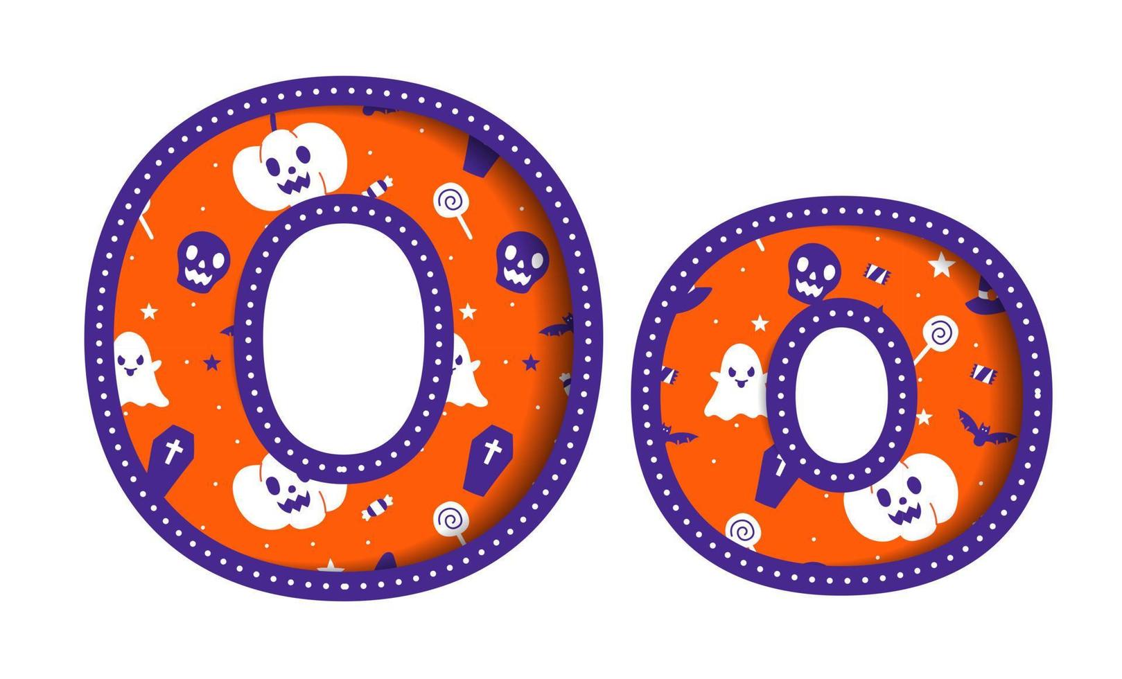 Cute Happy Halloween O Alphabet Capital Small Letter Party Font Typography Character Cartoon Spooky Horror colorful Paper Cutout Type design celebration vector Illustration Skull Pumpkin Bat Witch Hat
