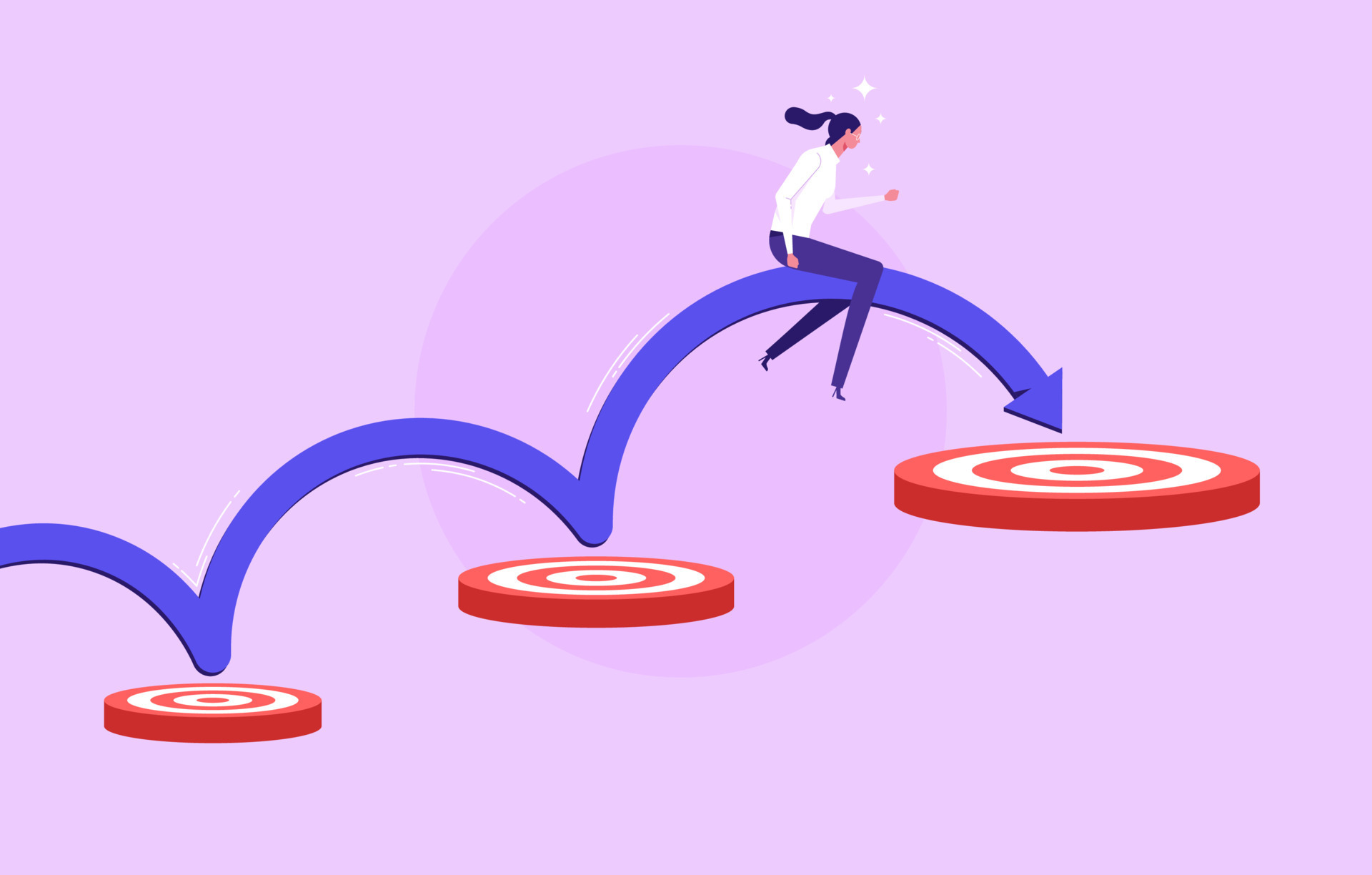 Businesswoman jumping from a small goal to another big goal and