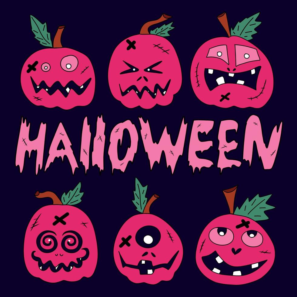 Vector illustration set collection concept of scary glowing pumpkins with emotions facial expressions for halloween holiday in purple pink colors