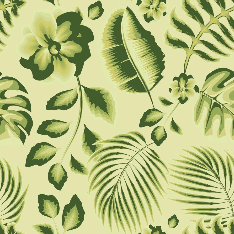 seamless pattern with green tropical plants leaves and foliage on delicate background. Vector design. Flat jungle print. Floral background. Composition with flowers and exotic palm leaves. nature