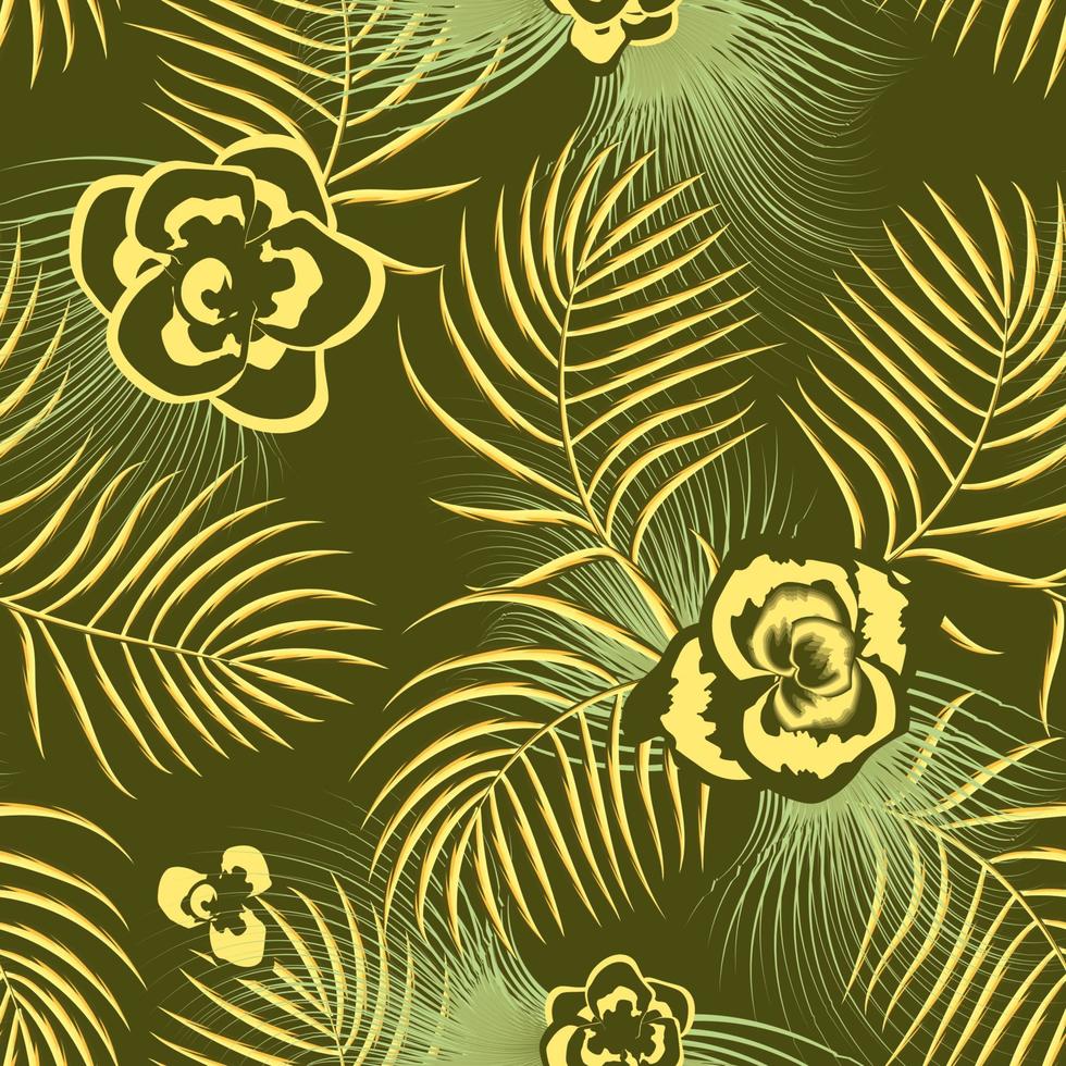 Composition with flowers plants and exotic palm leaves seamless pattern on dark green background. Jungle foliage illustration. Green and yellow. vector design decorative. Floral background. Summer art