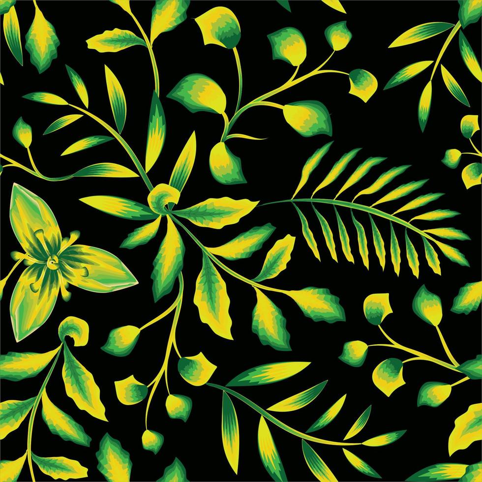 verde amarillo plantas tropicales follaje ilustración patrón sin costuras con flores abstractas sobre fondo nocturno. textura de impresión de moda. papel pintado de interiores. papel pintado decorativo. fondo de la selva vector