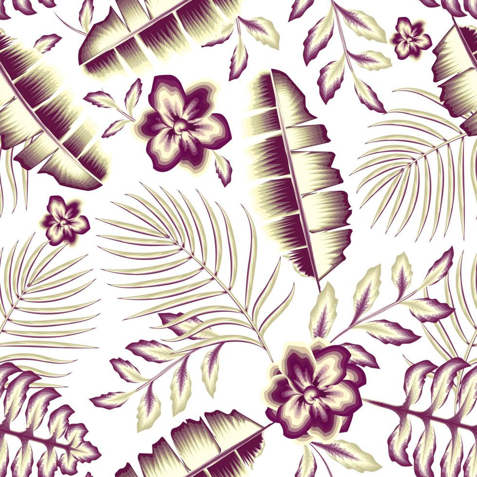 beautiful jasmine flower background vector decorative seamless tropical floral pattern fashionable with green maroon banana palm leaves and plants foliage. Colorful floral prints. Exotic Summer design