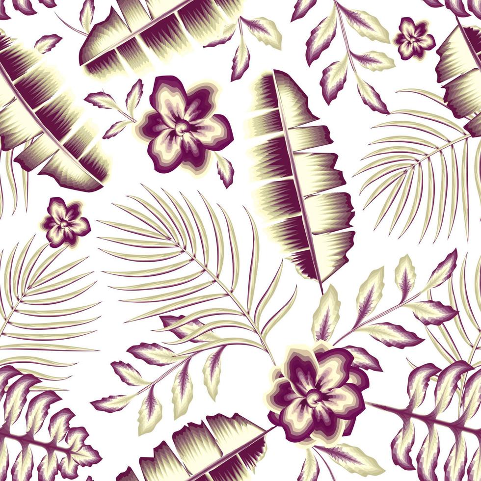 hermoso vector de fondo de flor de jazmín decorativo patrón floral tropical transparente de moda con hojas de palma de plátano marrón verde y follaje de plantas. coloridos estampados florales. diseño exótico de verano