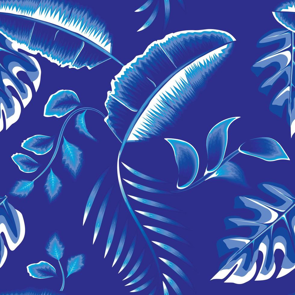 hojas de helecho de plátano monocromático azul exótico patrón sin costuras con follaje de plantas de monstera sobre fondo pastel. textura de impresión de moda. papel pintado de interiores. naturaleza decorativa. ilustración de la selva vector