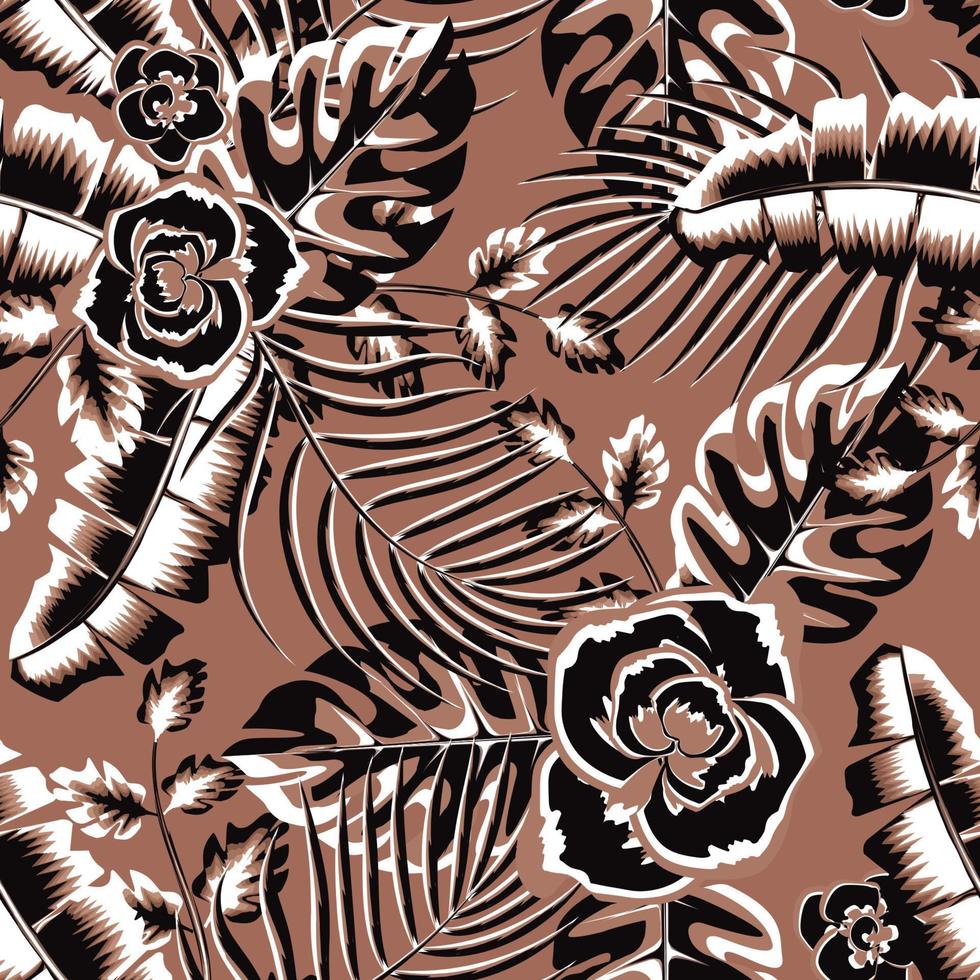 palma de plátano vintage y hojas de monstera patrón sin costuras sobre fondo de chocolate. patrón transparente de vector con plantas tropicales. ilustración de follaje de la selva. diseño exótico y adorno. huellas de la selva