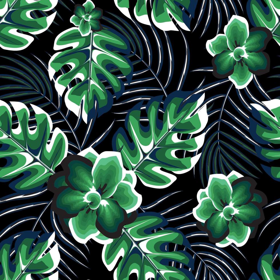 textura de diseño vectorial de fondo de hojas de palma brillantes de noche con follaje de planta de monstera abctract verde y flor de jazmín. fondo floral. diseño de verano. papel pintado con estampado de selva. papel pintado interior vector