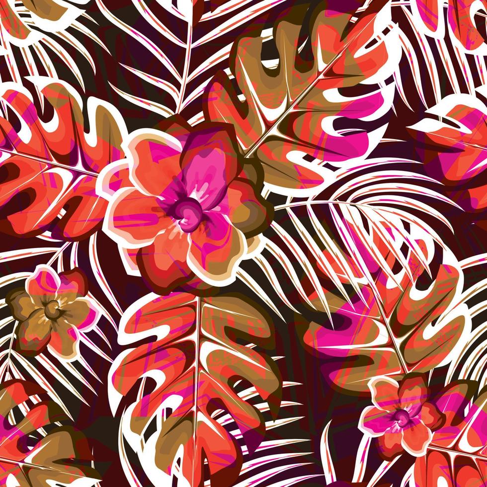 coloridas hojas de palma tropical monstera patrón sin costuras sobre fondo abstracto oscuro. textura de estampados de moda. colorido floral con estilo. fondo floral. trópico exótico. diseño de verano. otoño. otoño vector