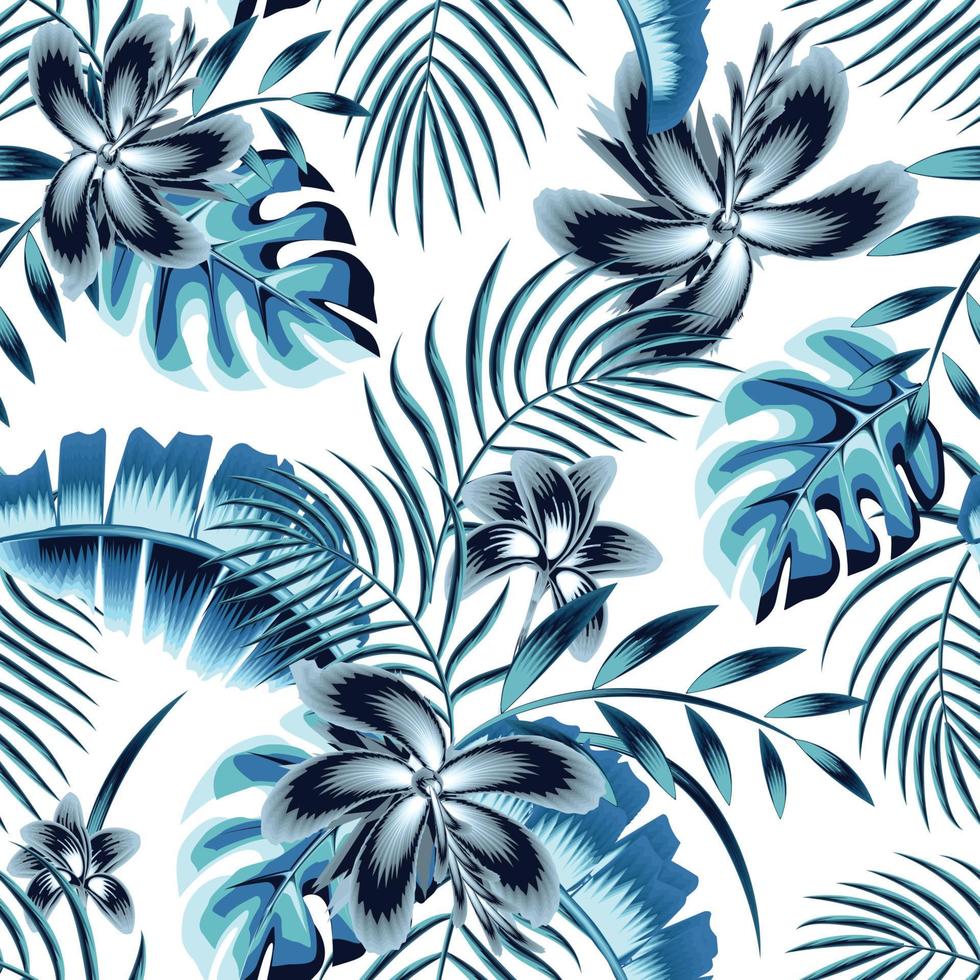 Summer trend seamless background with tropical palm leaves and flower plants on white background. Vector design. Jungle print. Floral background. Printing and textiles. Exotic tropics. Summer themed