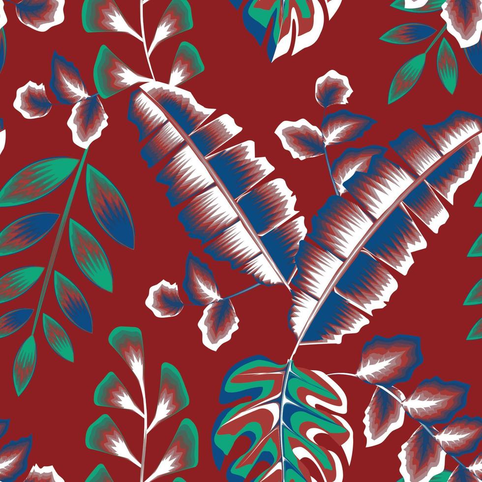 colorful banana leaves seamless pattern plants and foliage on maroon background. Trendy vector pattern. Fashionable seamless tropical pattern. Printing and textiles. Exotic tropics. Summer design