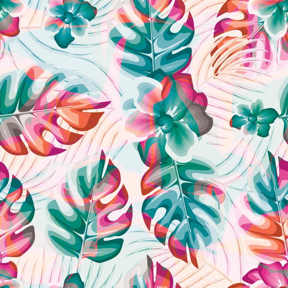 colorido abstracto tropical monstera palma sin costuras patrón blanco azul jazmín flor. patrón de la naturaleza decorativo sin costuras. fondo floral. diseño de verano. estampado textil. fondo tropical. primavera vector